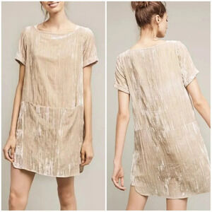 Anthropologie New Floreat Champagne Crinkle Crushed Velvet Shift Dress Medium